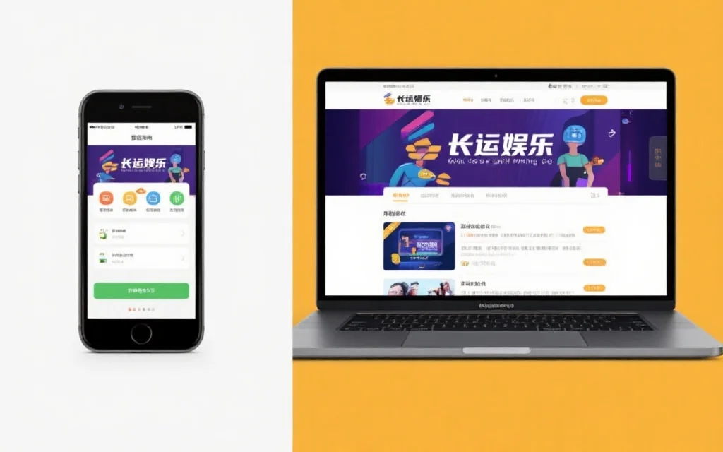 对比两台设备，一部智能手机和一台笔记本电脑，分别显示长运娱乐的移动端应用与网页版的界面